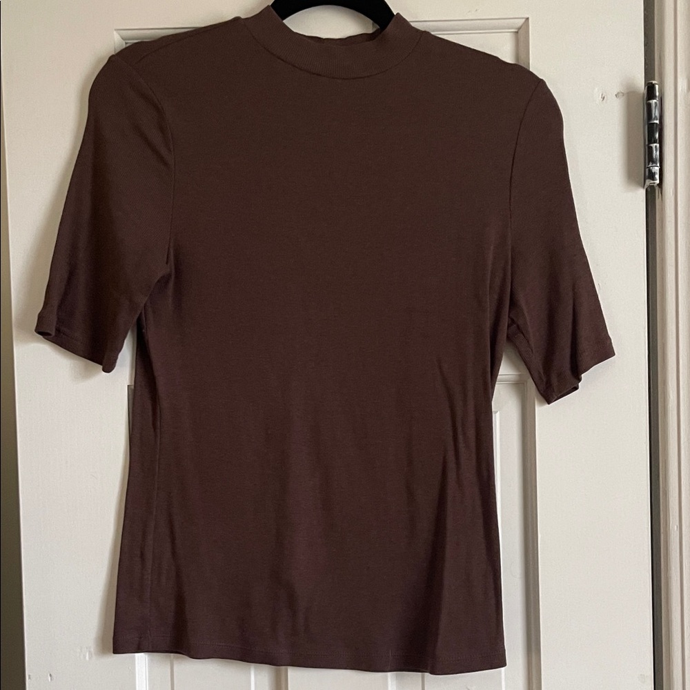 Brown Ribbed Mock Neck Short Sleeve Women's Top